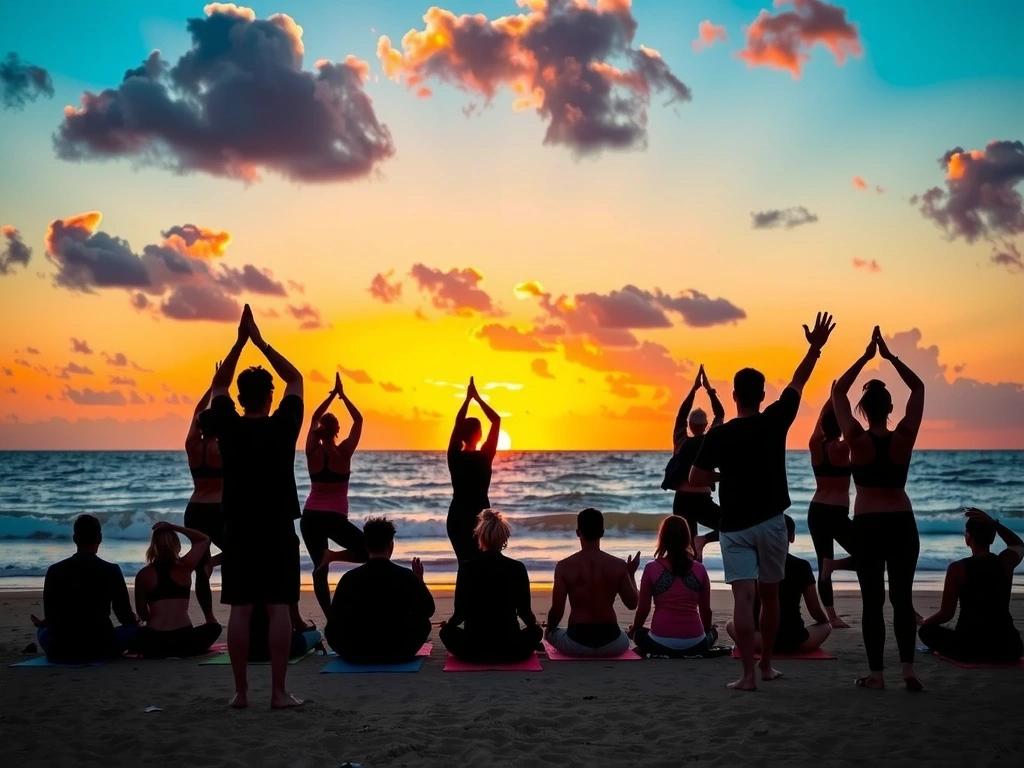 A diverse group of people practicing yoga together on a serene beach at sunset, silhouetted against the vibrant sky, symbolizing community and harmony.