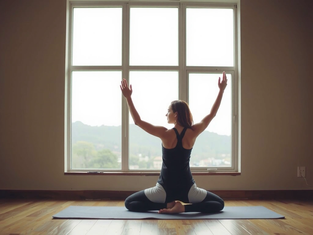 A serene woman in a yoga pose by a window, bathed in natural light, embodying peace and focus.