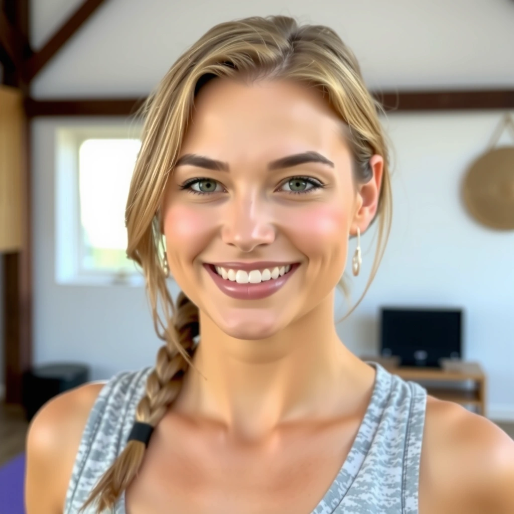 Portrait of a smiling yoga instructor, female, with warm eyes and a calm demeanor, in a studio setting.