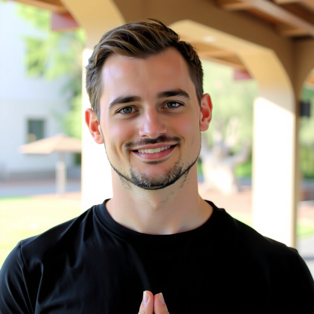 Portrait of a male yoga instructor with a gentle smile and confident posture, in an outdoor setting.