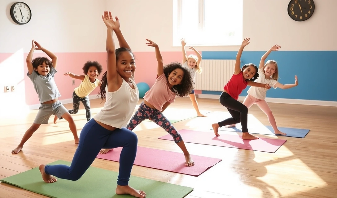 Children doing yoga poses playfully