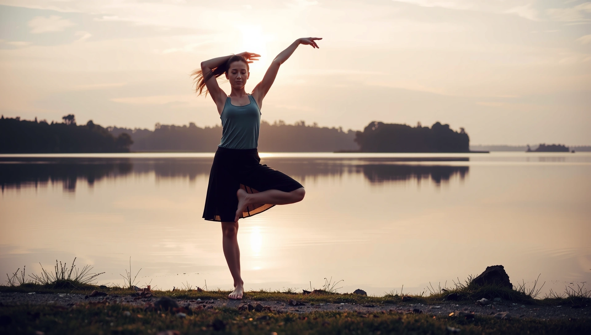 Serene woman in a yoga pose by a tranquil lake at sunrise, embodying peace and balance.